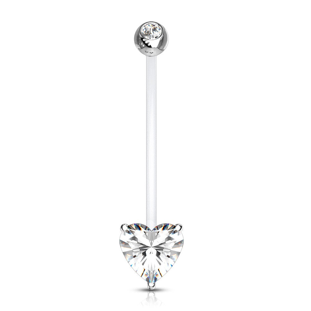 Double Jeweled Prong Set Heart Crystal Pregnancy Maternity Belly Button Ring Retainer - Stainless Steel