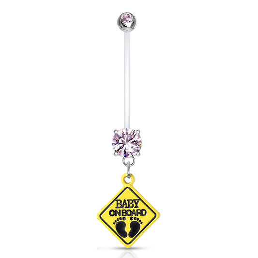 Double Jeweled Baby on Board Sign Dangle Pregnancy Maternity Bioflex Belly Button Ring Retainer - Stainless Steel