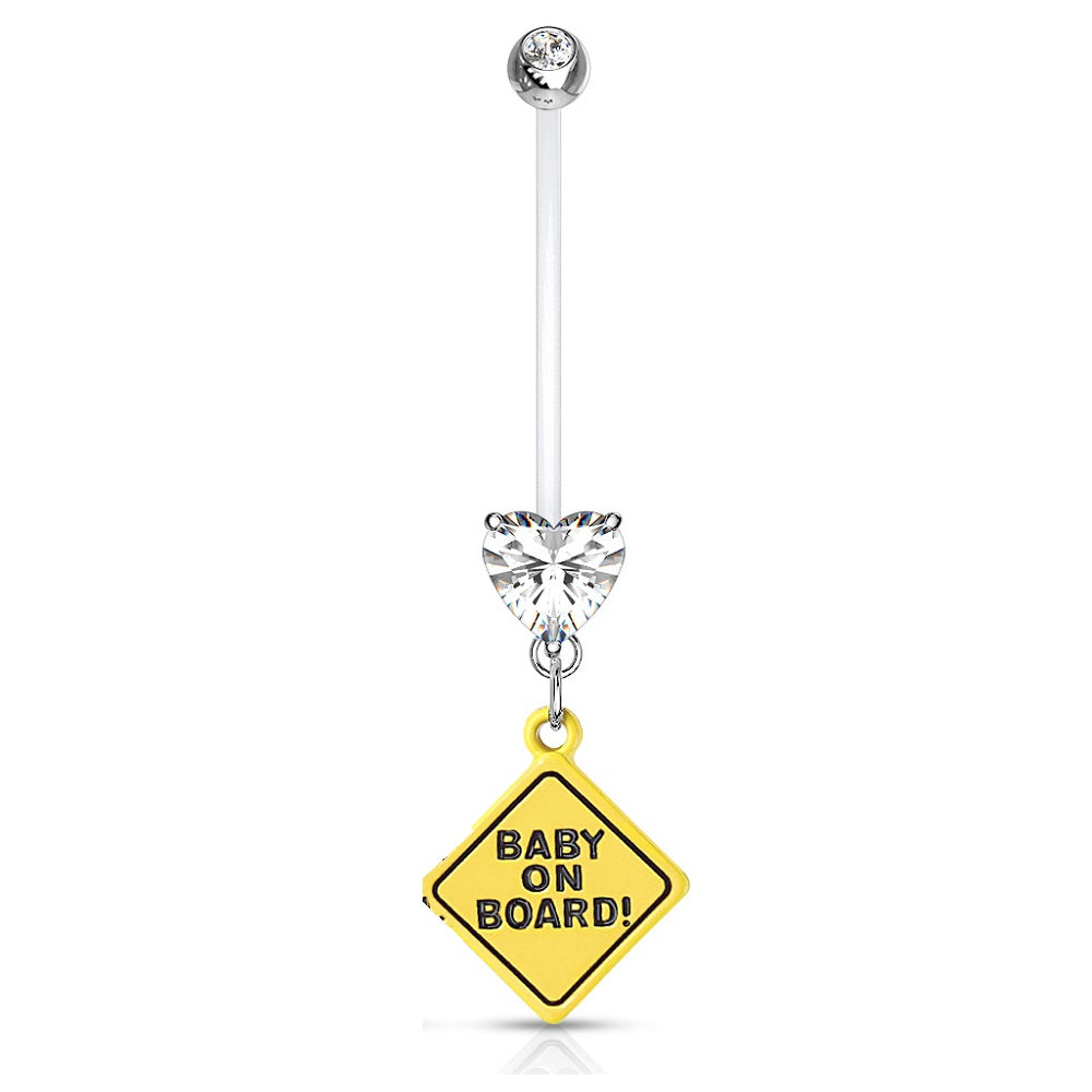 Double Jeweled Heart Baby on Board Dangle Pregnancy Maternity Belly Button Ring Retainer - Stainless Steel