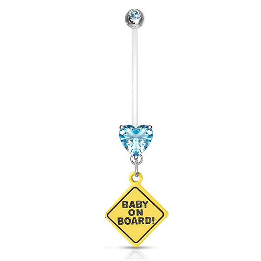 Double Jeweled Heart Baby on Board Dangle Pregnancy Maternity Belly Button Ring Retainer - Stainless Steel