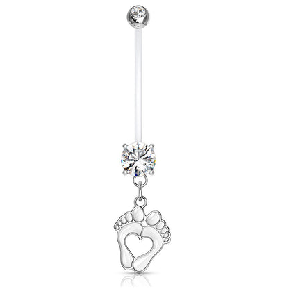 Double Jeweled Heart Baby Feet Dangle Pregnancy Maternity Belly Button Ring Retainer - Stainless Steel