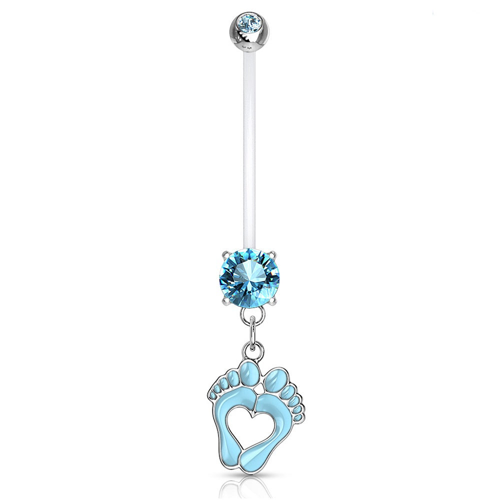 Double Jeweled Heart Baby Feet Dangle Pregnancy Maternity Belly Button Ring Retainer - Stainless Steel