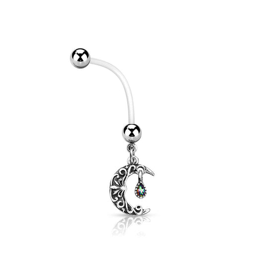 Antique Filigree Carved Crescent Moon Dangle BioFlex with Pregnancy Belly Button Ring - 316L Stainless Steel