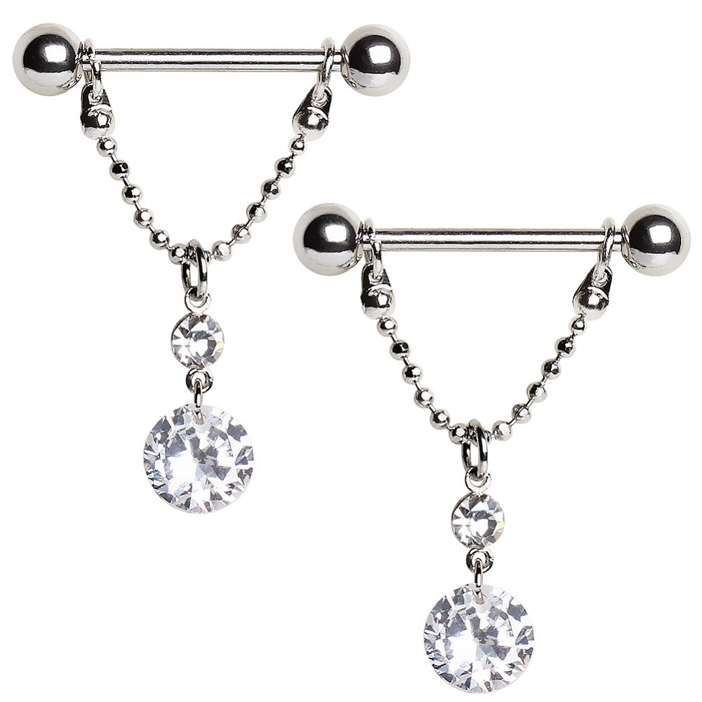 Dangling Chain with Two Round Gems Nipple Barbell Rings - 316L Stainless Steel - Pair