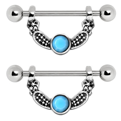 Turquoise Accented Tribal Hanging Crescent Nipple Barbells - 316L Stainless Steel - Pair