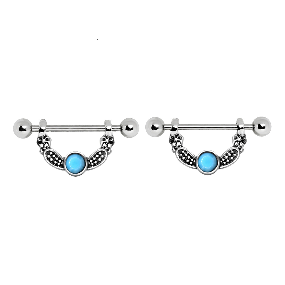 Turquoise Accented Tribal Hanging Crescent Nipple Barbells - 316L Stainless Steel - Pair