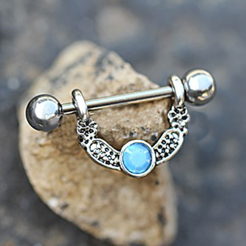 Turquoise Accented Tribal Hanging Crescent Nipple Barbells - 316L Stainless Steel - Pair