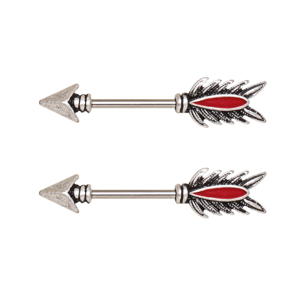 Red Feather Arrow Tribal Nipple Barbells - 316L Stainless Steel - Pair