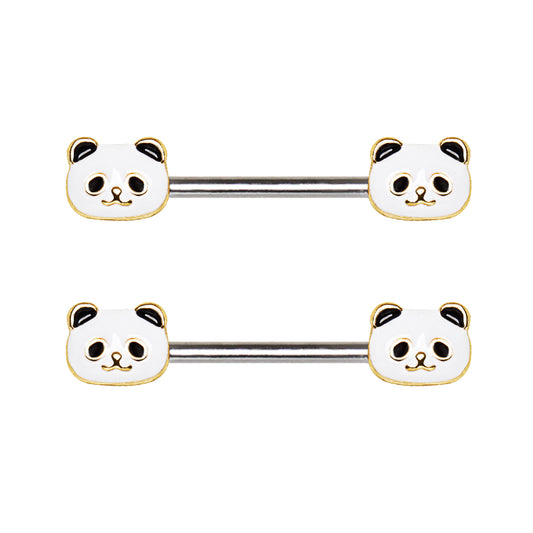 Adorable Golden Panda Head Nipple Barbells - Stainless Steel - Pair