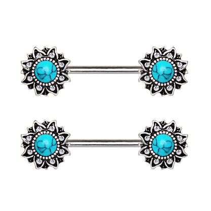 Stone Inlay Mystical Sunburst Nipple Barbells - Stainless Steel - Pair