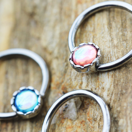 Synthetic Opal Captive Bead Nipple Rings - Stainless Steel - Pair