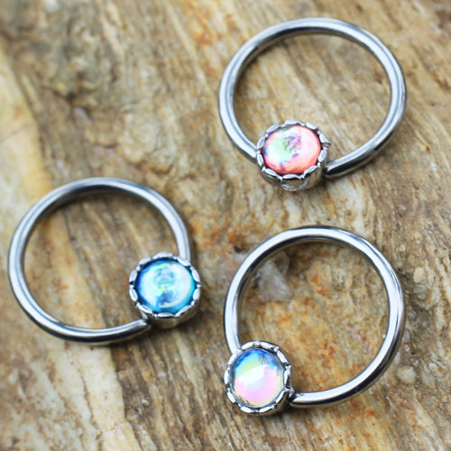 Synthetic Opal Captive Bead Nipple Rings - Stainless Steel - Pair