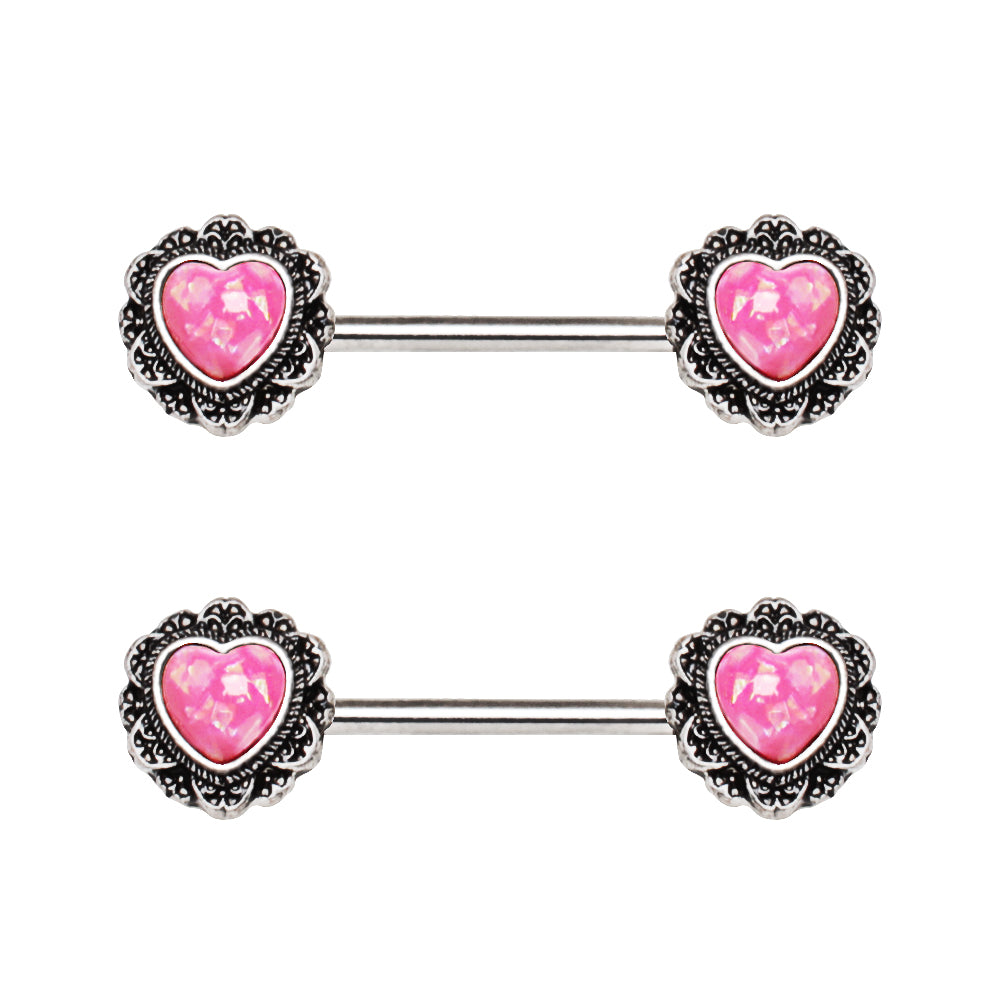 Antique Filigree Synthetic Opal Hearts Barbell Nipple Rings - 316L Stainless Steel - Pair