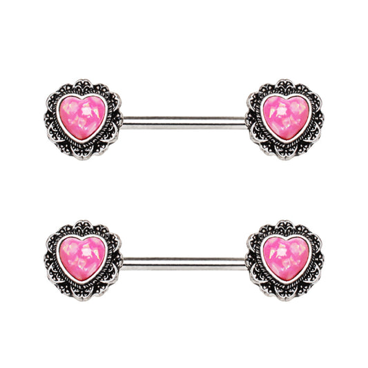 Antique Filigree Synthetic Opal Hearts Barbell Nipple Rings - 316L Stainless Steel - Pair