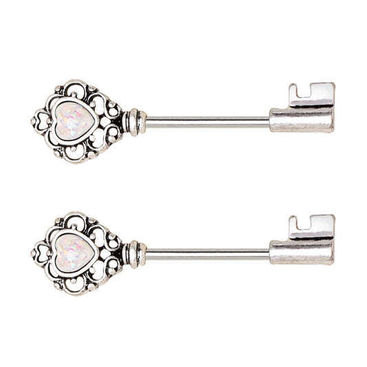 Victorian Filigree Heart Key with Synthetic Opals Nipple Barbells - 316L Surgical Steel - Pair