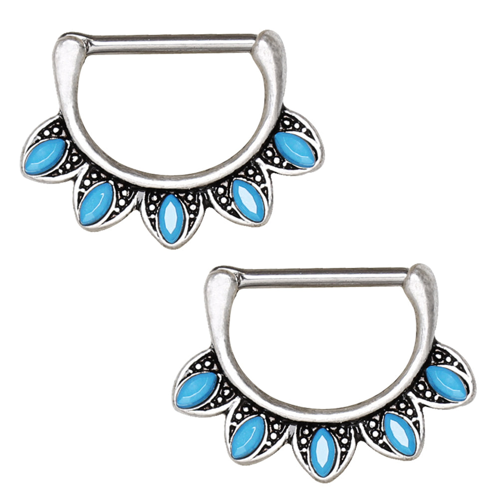 Turquoise Dangle Tribal Nipple Clicker Rings - 316L Surgical Steel - Pair