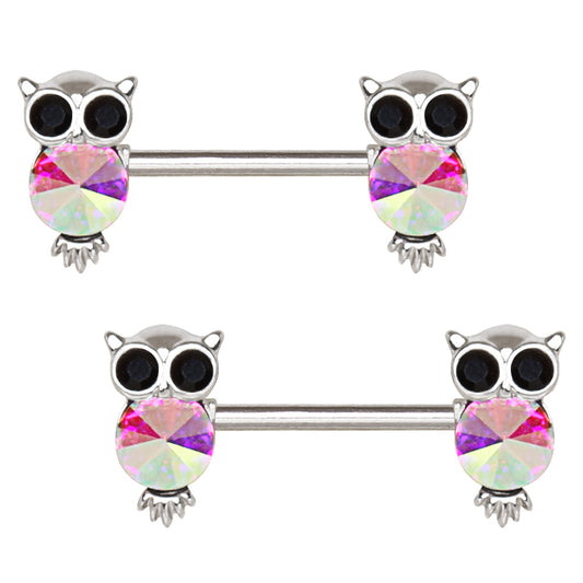 Aurora Borealis Crystal Owl Nipple Barbells - 316L Surgical Steel - Pair