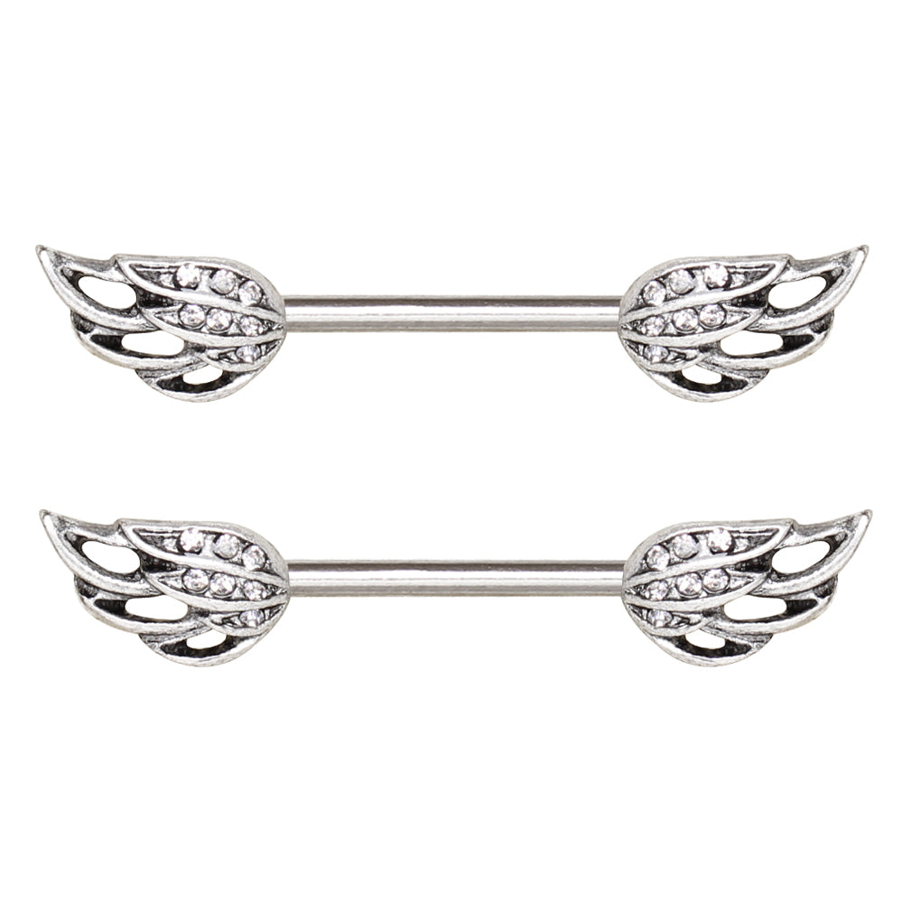 Crystal Studded Angel Wings Nipple Barbells - Stainless Steel - Pair