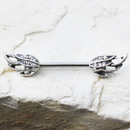 Crystal Studded Angel Wings Nipple Barbells - Stainless Steel - Pair