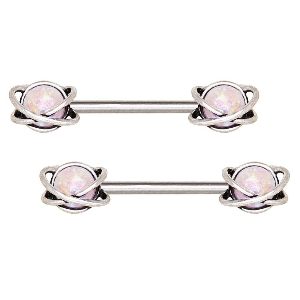 Ringed Opal Planet Galaxy Nipple Barbells - 316L Surgical Steel - Pair