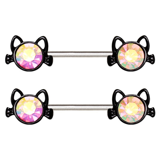 Black Cat with Aurora Borealis Crystals Nipple Barbells - 316L Surgical Steel - Pair