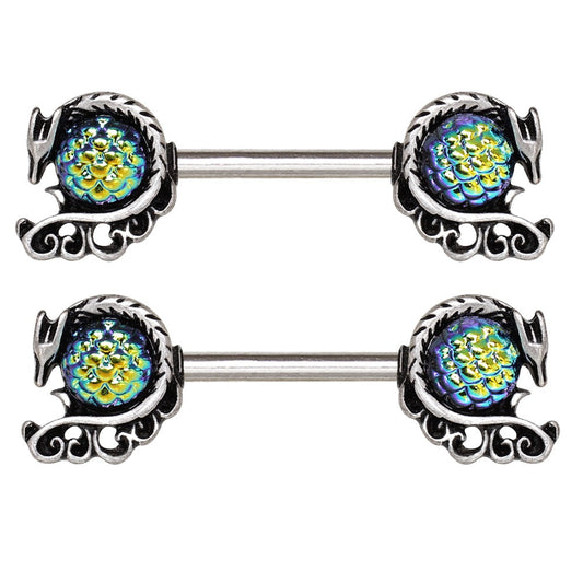 Blue Green Cabochon Dragon Nipple Barbells - 316L Stainless Steel - Pair