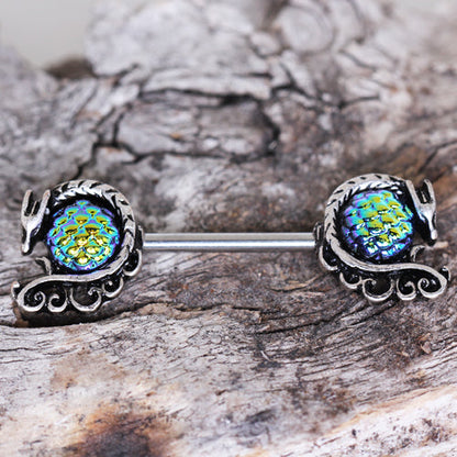 Blue Green Cabochon Dragon Nipple Barbells - 316L Stainless Steel - Pair