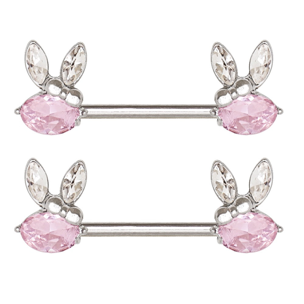 Pink CZ Crystal Bunny Rabbit Ears Nipple Barbells - Surgical Steel - Pair