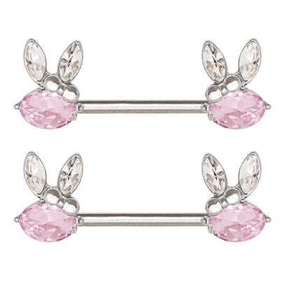 Pink CZ Crystal Bunny Rabbit Ears Nipple Barbells - Surgical Steel - Pair