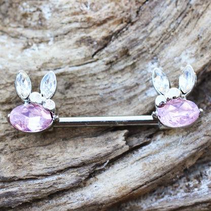 Pink CZ Crystal Bunny Rabbit Ears Nipple Barbells - Surgical Steel - Pair