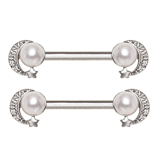 Synthetic Pearl Moon and Star Nipple Barbells - 316L Stainless Steel - Pair