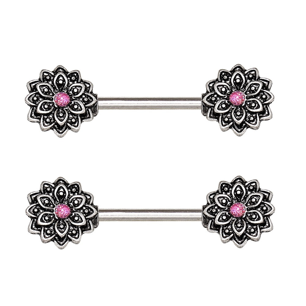 Pink Synthetic Opal Center Lotus Flower Nipple Barbells - Stainless Steel - Pair