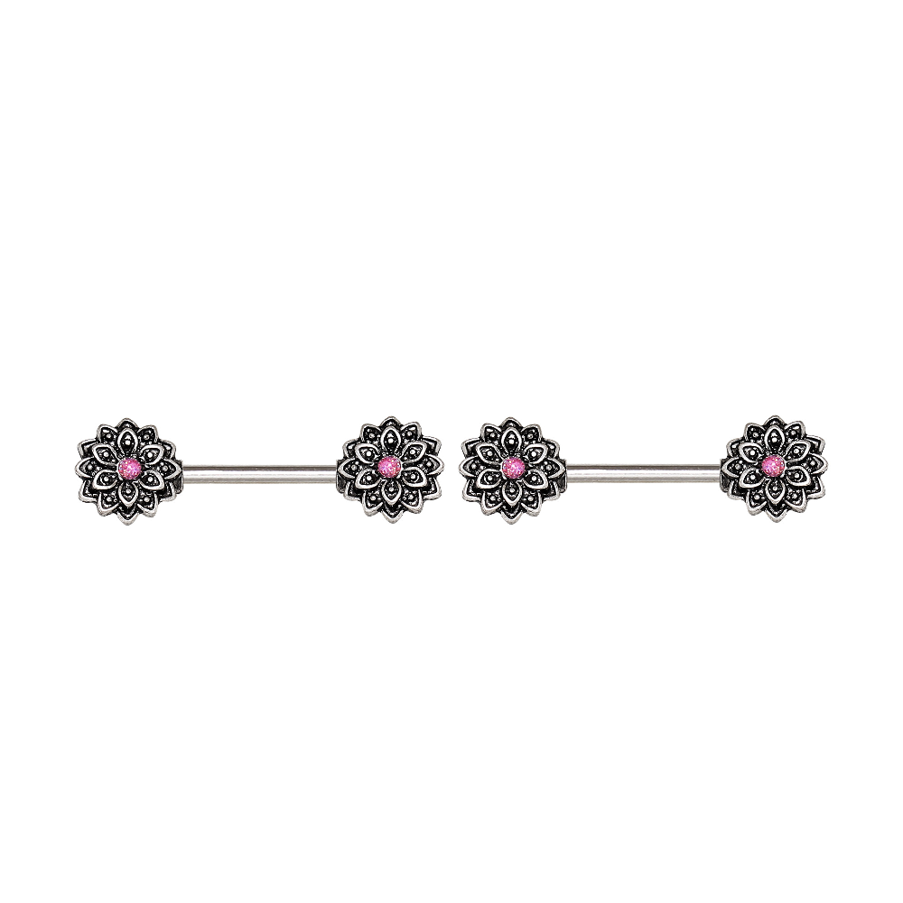 Pink Synthetic Opal Center Lotus Flower Nipple Barbells - Stainless Steel - Pair