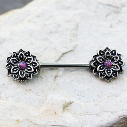 Pink Synthetic Opal Center Lotus Flower Nipple Barbells - Stainless Steel - Pair