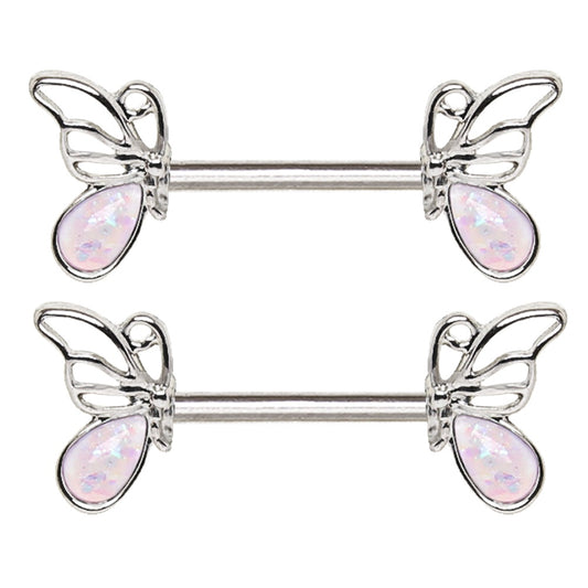 White Synthetic Opal Butterfly Barbell Nipple Rings - Stainless Steel - Pair