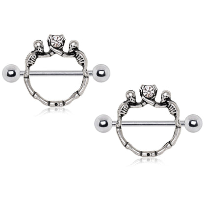 Double Skeletons Holding Up CZ Barbell Nipple Ring Shields - 316L Stainless Steel - Pair