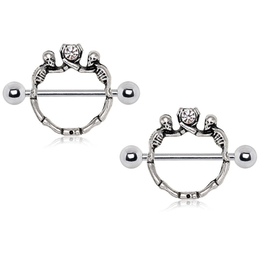 Double Skeletons Holding Up CZ Barbell Nipple Ring Shields - 316L Stainless Steel - Pair