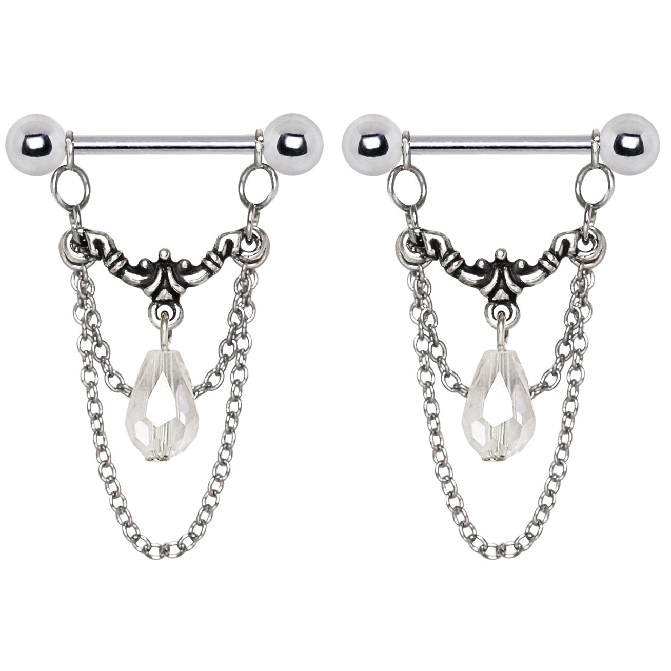 Antique Victorian Double Chained CZ Crystal Chandelier Nipple Rings - Stainless Steel - Pair