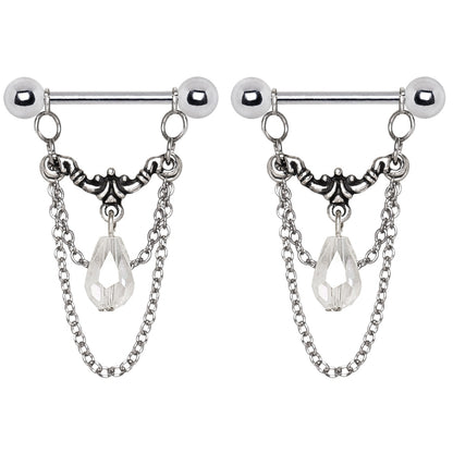 Antique Victorian Double Chained CZ Crystal Chandelier Nipple Rings - Stainless Steel - Pair