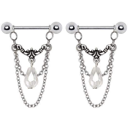 Antique Victorian Double Chained CZ Crystal Chandelier Nipple Rings - Stainless Steel - Pair