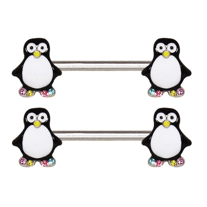 Animated Penguin with Colorful CZ Crystal Gemmed Feet Nipple Ring Barbells - Stainless Steel - Pair