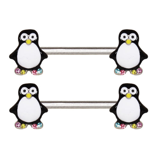 Animated Penguin with Colorful CZ Crystal Gemmed Feet Nipple Ring Barbells - Stainless Steel - Pair