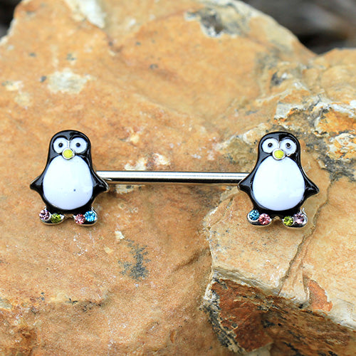 Animated Penguin with Colorful CZ Crystal Gemmed Feet Nipple Ring Barbells - Stainless Steel - Pair