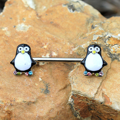 Animated Penguin with Colorful CZ Crystal Gemmed Feet Nipple Ring Barbells - Stainless Steel - Pair