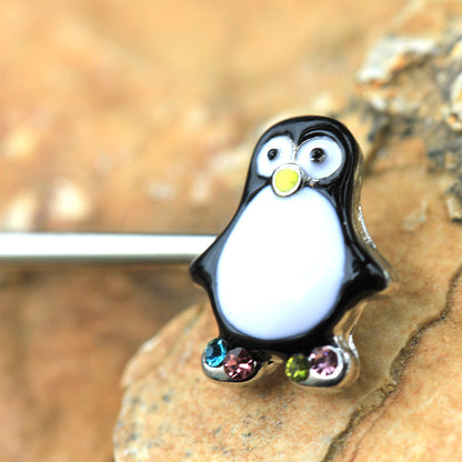 Animated Penguin with Colorful CZ Crystal Gemmed Feet Nipple Ring Barbells - Stainless Steel - Pair