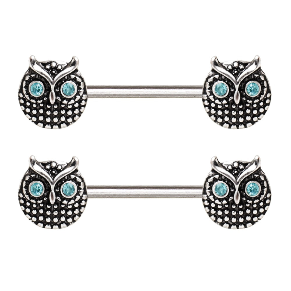 Blue Crystal Eye Owl Round Nipple Barbells - Stainless Steel - Pair