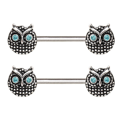 Blue Crystal Eye Owl Round Nipple Barbells - Stainless Steel - Pair