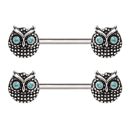 Blue Crystal Eye Owl Round Nipple Barbells - Stainless Steel - Pair