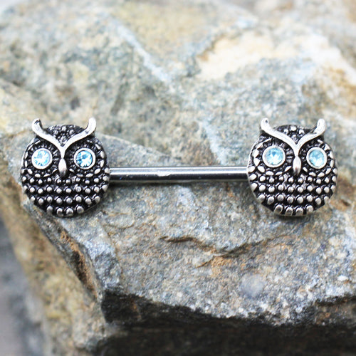 Blue Crystal Eye Owl Round Nipple Barbells - Stainless Steel - Pair