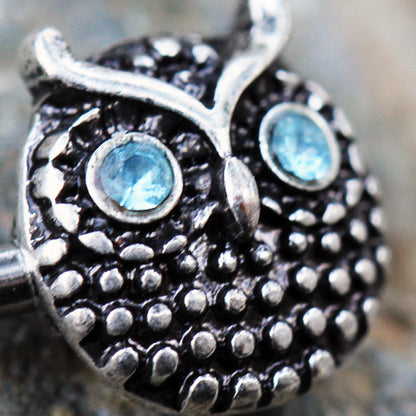 Blue Crystal Eye Owl Round Nipple Barbells - Stainless Steel - Pair